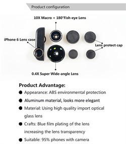 Объектив-линза Lieqi набор 3 в 1:  Fisheye, Макро ( macro ) объектив,широкоугольная линза для iPhone 6 Цвет: Чёрный (LQ-019) - фото 20334
