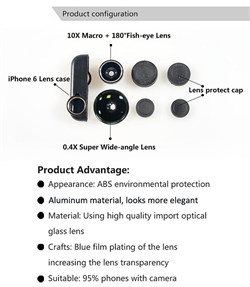 Объектив-линза Lieqi набор 3 в 1:Fisheye, Макро ( macro ) объектив,широкоугольная линза для iPhone 6 plus Цвет: Чёрный (LQ-019) - фото 20347